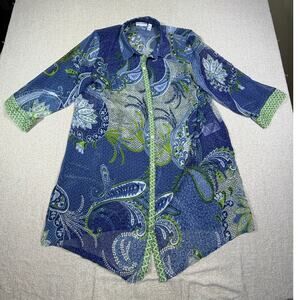 Susan Graver Womens L Blue Green Paisley Sheer 3/4 Sleeve Tunic Layering Shirt